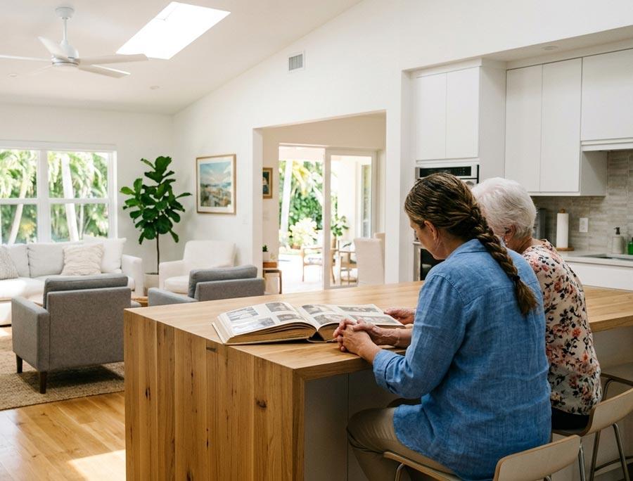 A home health aide looks over an album with her patient as part of home companion services in Pinellas County
