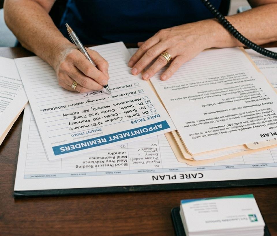 A home companion does paper work as part of home health services in Hillsborough County