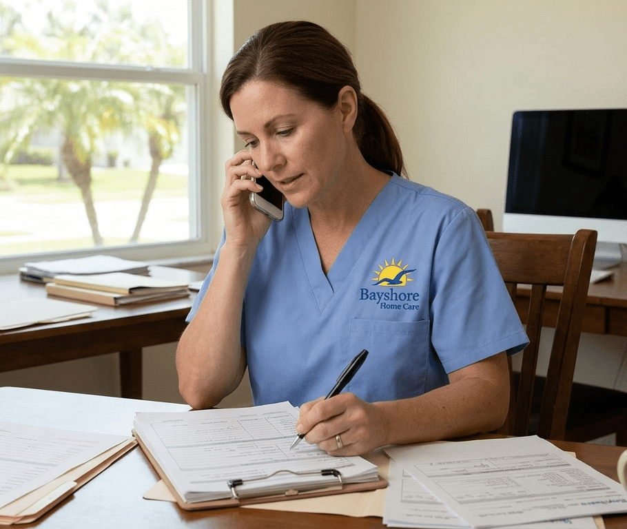A Bayshore Home Care employee making a call on behalf of her patient as part of home care assistance in Hillsborough County